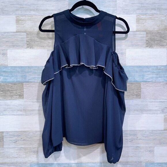 SAKS FIFTH AVENUE Crinkle Chiffon Ruffle Cold Shoulder Blouse Navy Womens Large - Picture 1 of 5